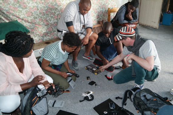 Preparing equipment for filming in Khayelitsha, Cape Town. 