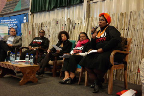 Nozuko Fulani speaking together with FEDUP Chairperson, Minister Lindiwe Sisulu and ISN's Melanie Johnson in a panel discussion on data collection from vulnerable population.